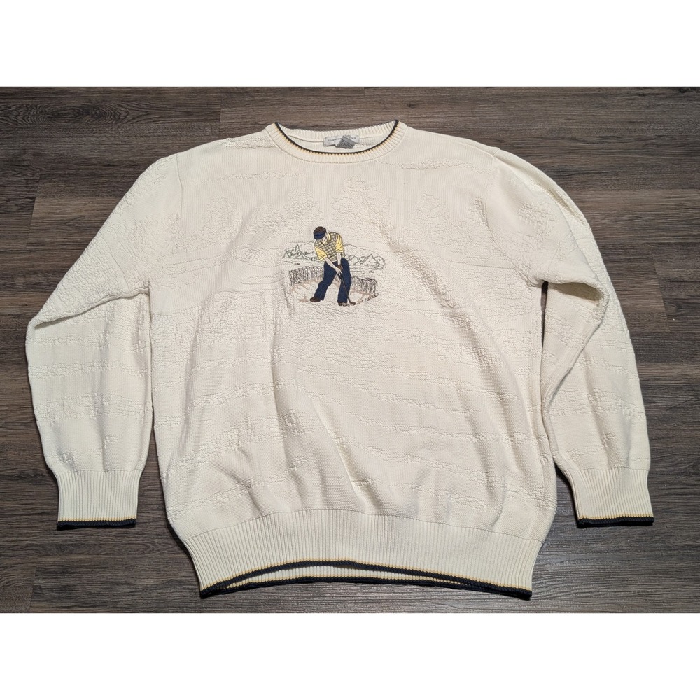 Cypress Links Mens 2XLT Cream Cotton Textured Knit Embroidered Golf Sweater Hole